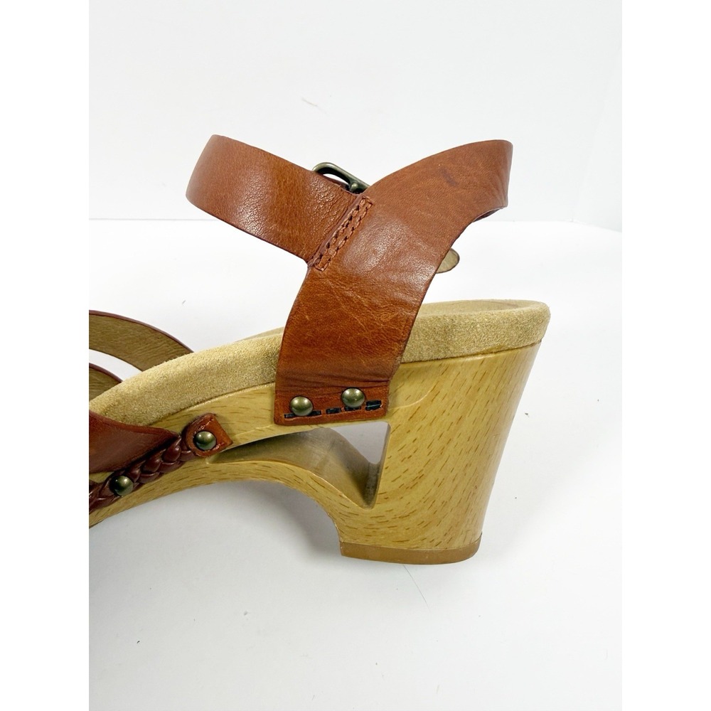 Dansko Strappy Leather Sandals Wood Wedge Heel Ankle Buckle Brown Comfort 37/7 - Picture 13 of 16